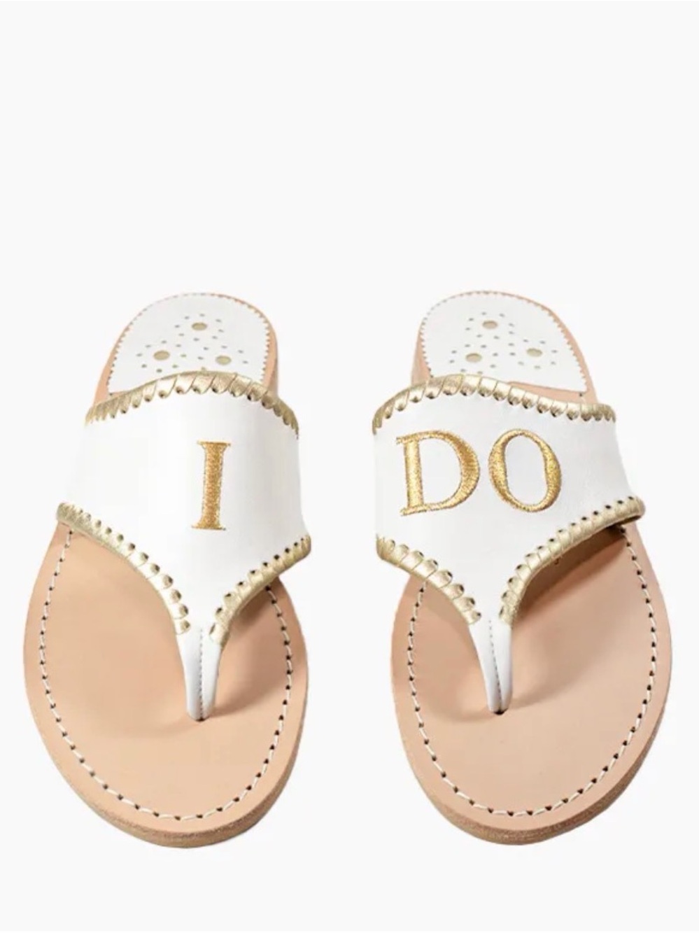 Jack Rogers White Leather 'I DO' Thong Sandals with Gold Embroidery